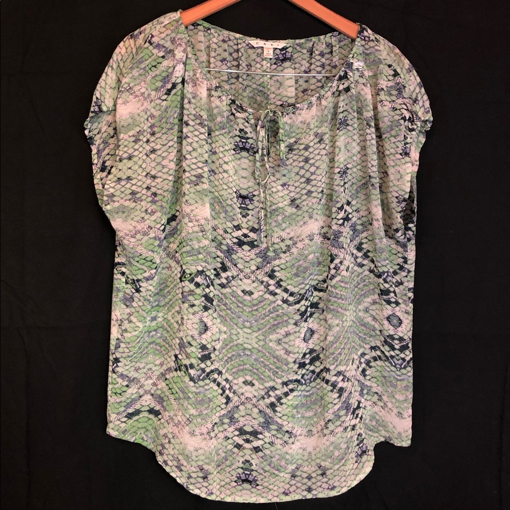 CAbi L Blue green scale boho peasant top sheer tie